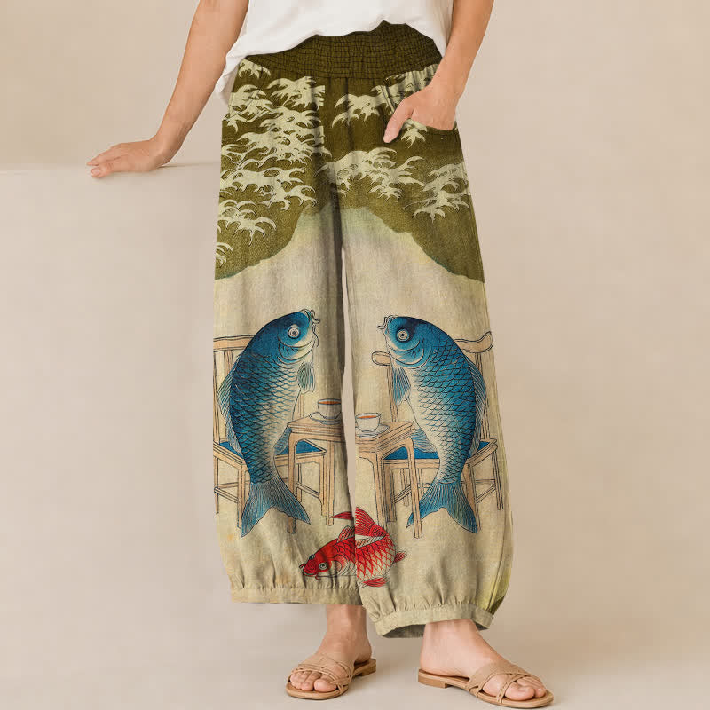 Buddha Stones Pantalones harem de algodón con estampado de olas de peces koi y cintura elástica plisada para mujer, con bolsillos. - Verde oliva - US16，UK/AU20，EU48 (3XL) - image 6