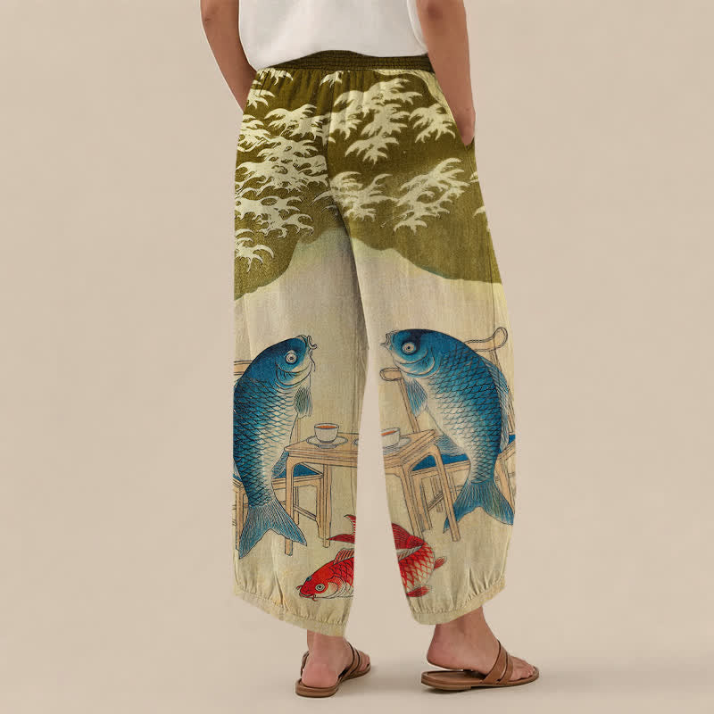 Buddha Stones Pantalones harem de algodón con estampado de olas de peces koi y cintura elástica plisada para mujer, con bolsillos. - image 8