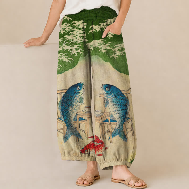 Buddha Stones Pantalones harem de algodón con estampado de olas de peces koi y cintura elástica plisada para mujer, con bolsillos. - Verde claro - US16，UK/AU20，EU48 (3XL) - image 10