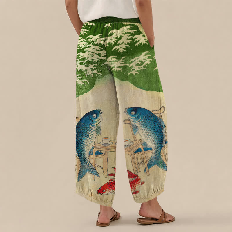 Buddha Stones Pantalones harem de algodón con estampado de olas de peces koi y cintura elástica plisada para mujer, con bolsillos. - image 12