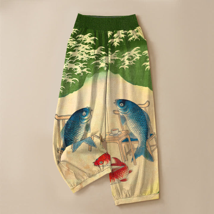 Buddha Stones Pantalones harem de algodón con estampado de olas de peces koi y cintura elástica plisada para mujer, con bolsillos. - image 13
