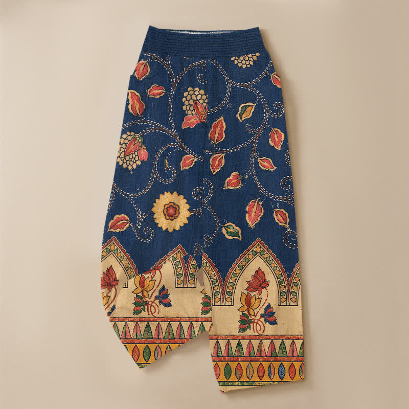 Buddha Stones Pantalones harem de algodón vintage con estampado floral de hojas rojas, cintura elástica plisada y bolsillos para mujer. - image 3