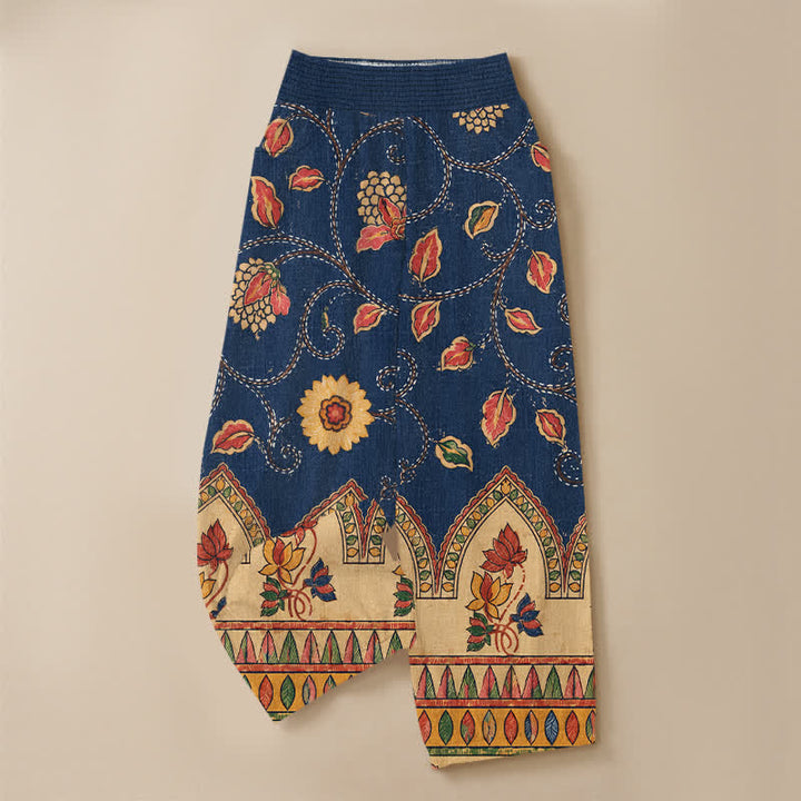 Buddha Stones Pantalones harem de algodón vintage con estampado floral de hojas rojas, cintura elástica plisada y bolsillos para mujer. - image 3