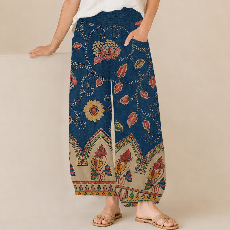 Buddha Stones Pantalones harem de algodón vintage con estampado floral de hojas rojas, cintura elástica plisada y bolsillos para mujer. - Marina de guerra - US16，UK/AU20，EU48 (3XL) - image 0