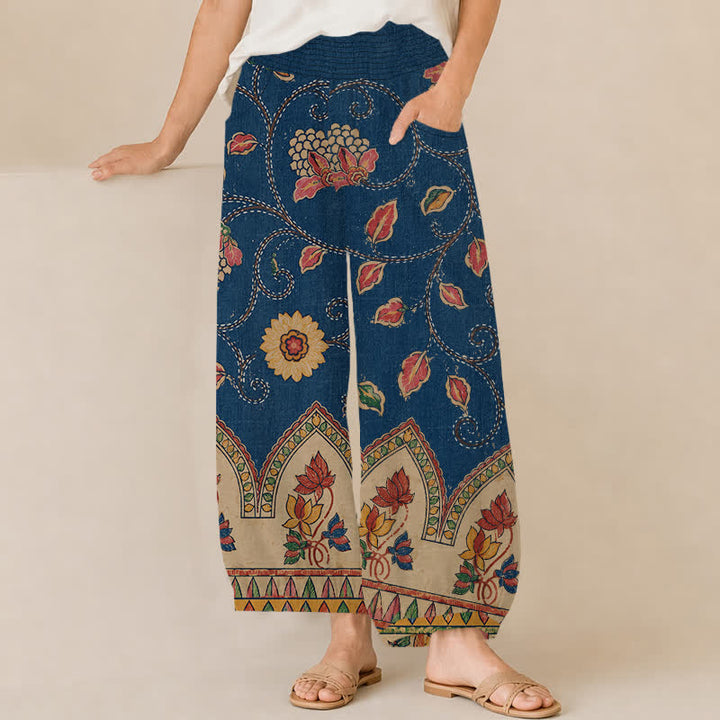 Buddha Stones Pantalones harem de algodón vintage con estampado floral de hojas rojas, cintura elástica plisada y bolsillos para mujer. - Marina de guerra - US16，UK/AU20，EU48 (3XL) - image 0