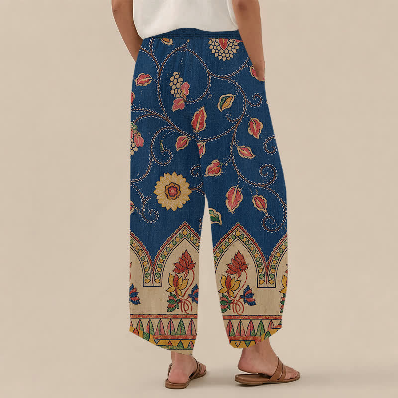 Buddha Stones Pantalones harem de algodón vintage con estampado floral de hojas rojas, cintura elástica plisada y bolsillos para mujer. - image 2