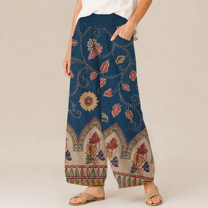 Buddha Stones Pantalones harem de algodón vintage con estampado floral de hojas rojas, cintura elástica plisada y bolsillos para mujer. - image 1