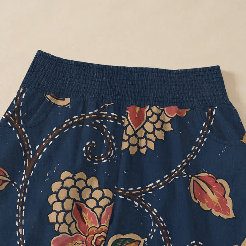 Buddha Stones Pantalones harem de algodón vintage con estampado floral de hojas rojas, cintura elástica plisada y bolsillos para mujer. - image 4
