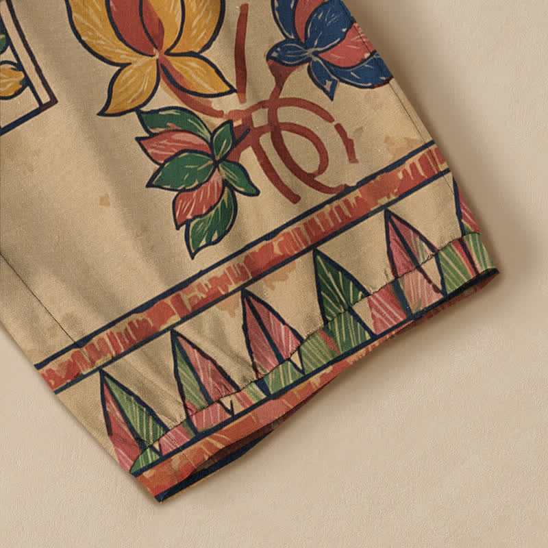 Buddha Stones Pantalones harem de algodón vintage con estampado floral de hojas rojas, cintura elástica plisada y bolsillos para mujer. - image 5