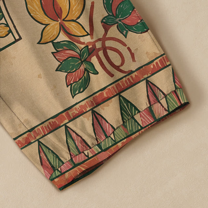 Buddha Stones Pantalones harem de algodón vintage con estampado floral de hojas rojas, cintura elástica plisada y bolsillos para mujer. - image 11
