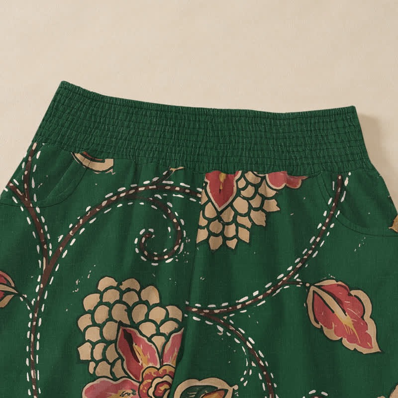 Buddha Stones Pantalones harem de algodón vintage con estampado floral de hojas rojas, cintura elástica plisada y bolsillos para mujer. - image 10