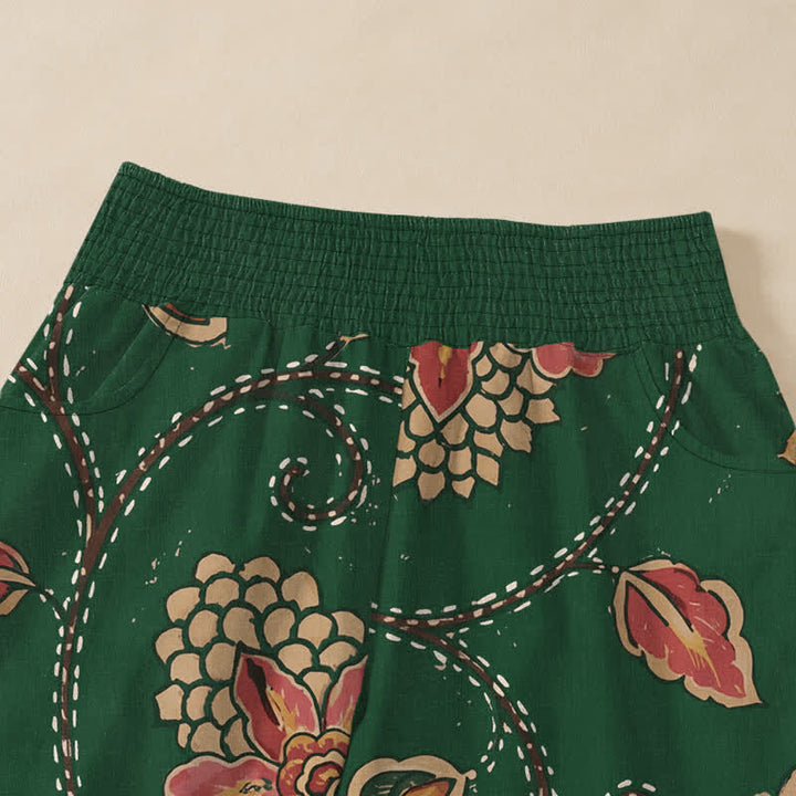 Buddha Stones Pantalones harem de algodón vintage con estampado floral de hojas rojas, cintura elástica plisada y bolsillos para mujer. - image 10