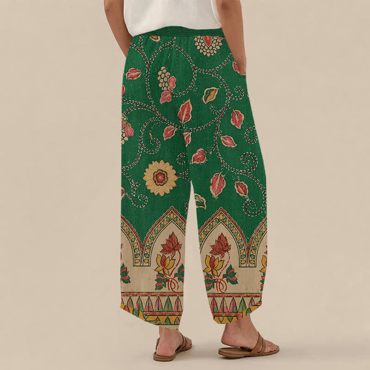 Buddha Stones Pantalones harem de algodón vintage con estampado floral de hojas rojas, cintura elástica plisada y bolsillos para mujer. - image 8
