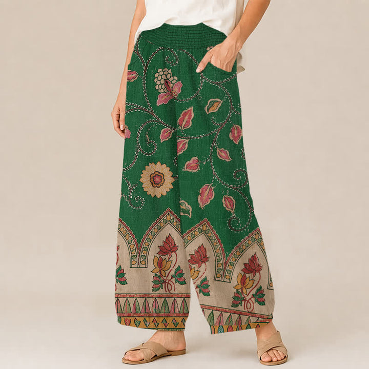 Buddha Stones Pantalones harem de algodón vintage con estampado floral de hojas rojas, cintura elástica plisada y bolsillos para mujer. - image 7