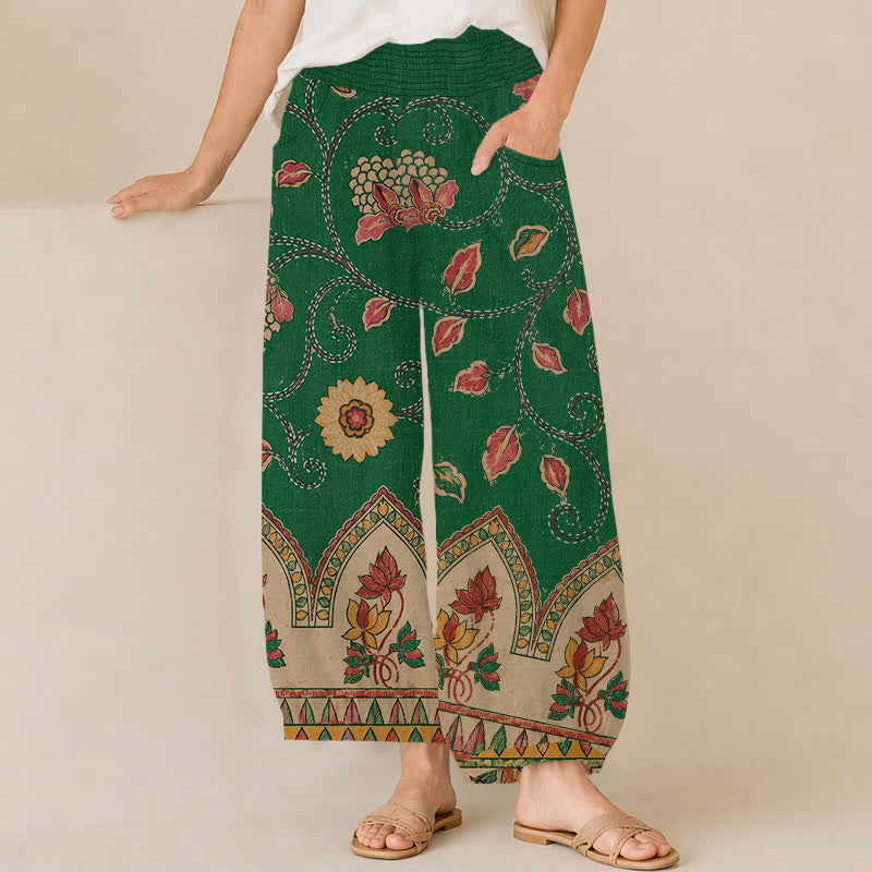 Buddha Stones Pantalones harem de algodón vintage con estampado floral de hojas rojas, cintura elástica plisada y bolsillos para mujer. - Verdemar - US16，UK/AU20，EU48 (3XL) - image 6