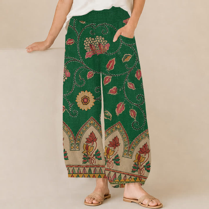Buddha Stones Pantalones harem de algodón vintage con estampado floral de hojas rojas, cintura elástica plisada y bolsillos para mujer. - Verdemar - US16，UK/AU20，EU48 (3XL) - image 6