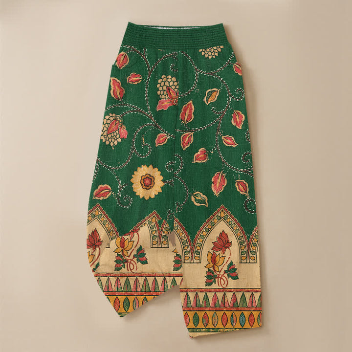 Buddha Stones Pantalones harem de algodón vintage con estampado floral de hojas rojas, cintura elástica plisada y bolsillos para mujer. - image 9