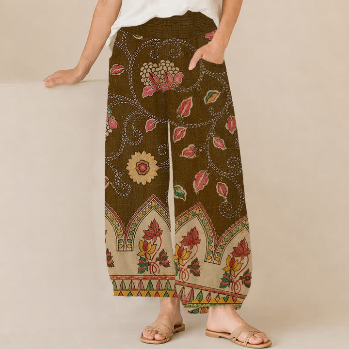 Buddha Stones Pantalones harem de algodón vintage con estampado floral de hojas rojas, cintura elástica plisada y bolsillos para mujer. - Marrón silla de montar - US16，UK/AU20，EU48 (3XL) - image 12