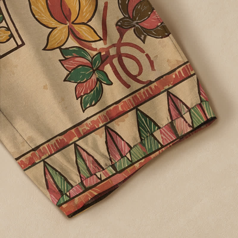 Buddha Stones Pantalones harem de algodón vintage con estampado floral de hojas rojas, cintura elástica plisada y bolsillos para mujer. - image 17