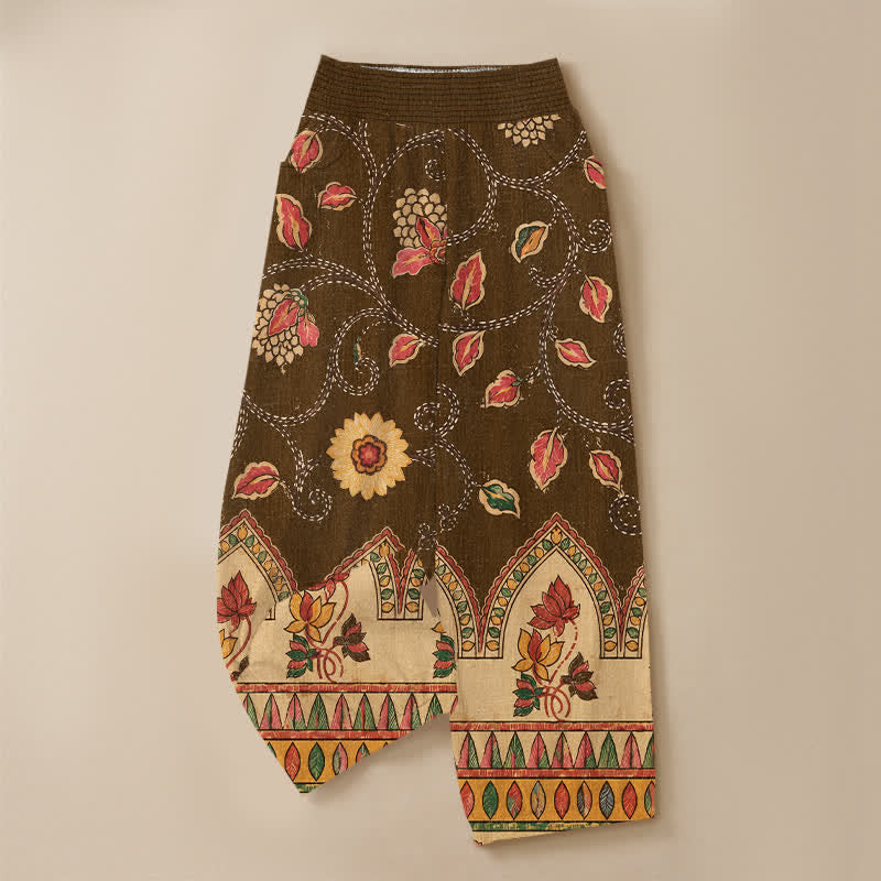 Buddha Stones Pantalones harem de algodón vintage con estampado floral de hojas rojas, cintura elástica plisada y bolsillos para mujer. - image 15