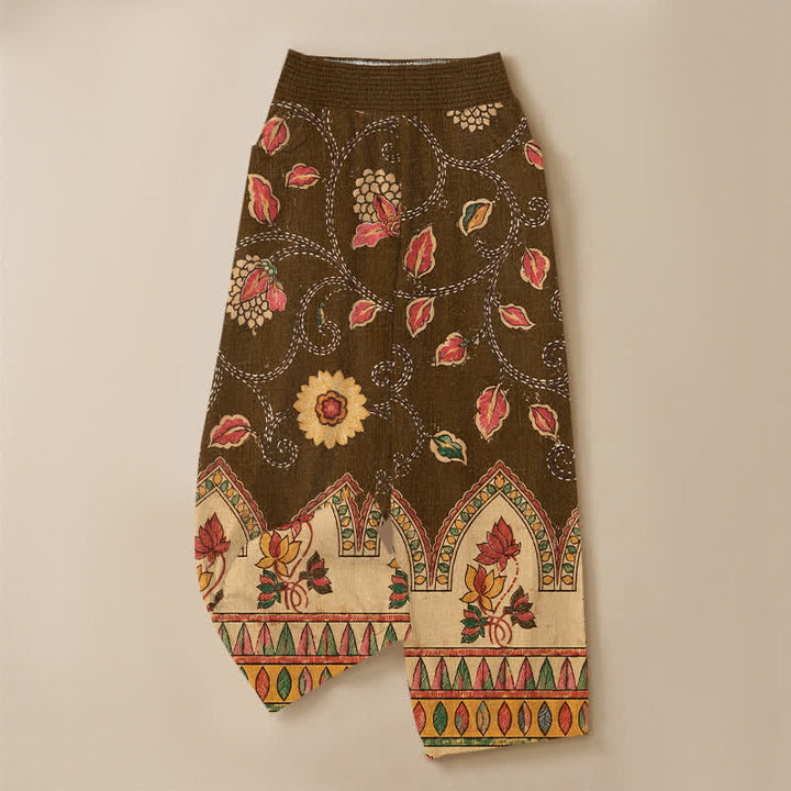 Buddha Stones Pantalones harem de algodón vintage con estampado floral de hojas rojas, cintura elástica plisada y bolsillos para mujer. - image 15