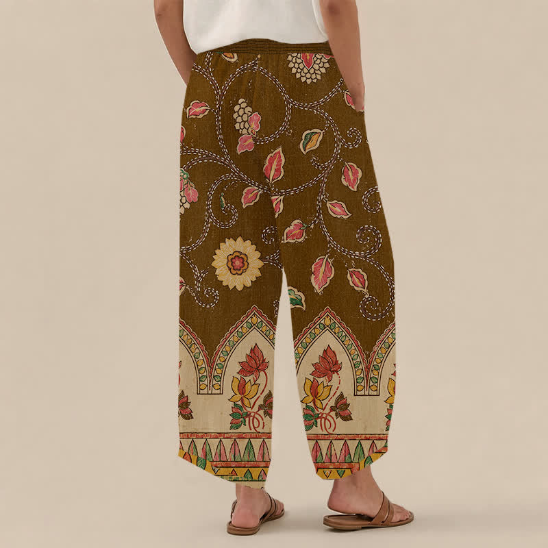 Buddha Stones Pantalones harem de algodón vintage con estampado floral de hojas rojas, cintura elástica plisada y bolsillos para mujer. - image 14