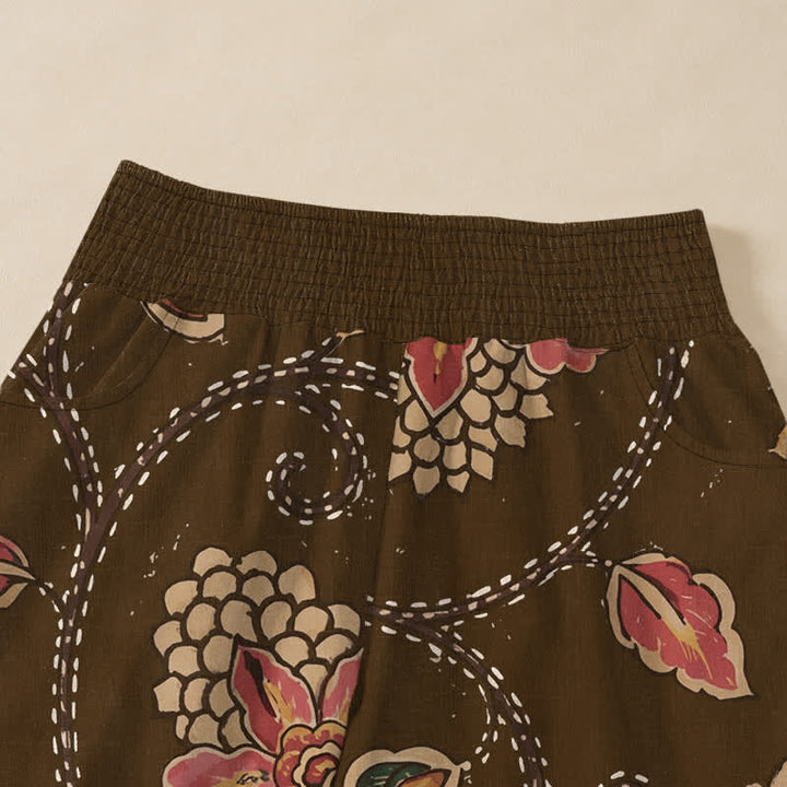 Buddha Stones Pantalones harem de algodón vintage con estampado floral de hojas rojas, cintura elástica plisada y bolsillos para mujer. - image 16