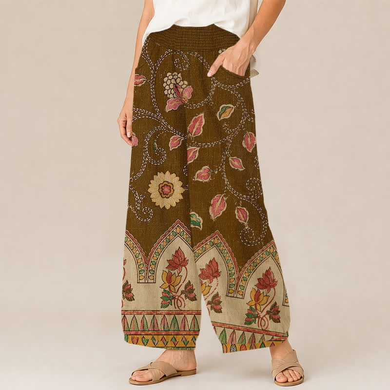 Buddha Stones Pantalones harem de algodón vintage con estampado floral de hojas rojas, cintura elástica plisada y bolsillos para mujer. - image 13