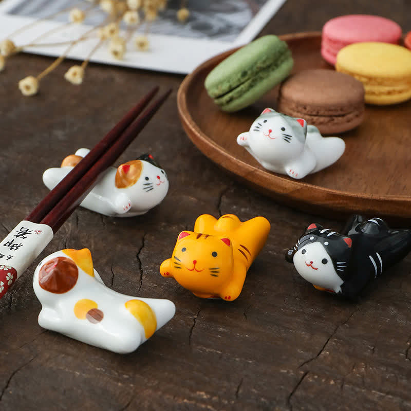 Buddha Stones Soporte para palillos de cerámica con forma de gato pequeño pintado a mano - image 0