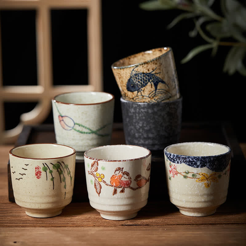 Buddha Stones Taza de cerámica Purity de 150 ml con diseño de flor de loto, pájaro, pez koi y sauce, pintada a mano. - image 0