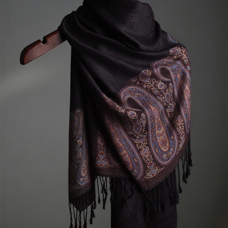 Buddha Stones Bufanda elegante de mujer con borlas y estampado paisley para primavera y otoño. - Negro - Aprox. 70 × 200 cm - image 5