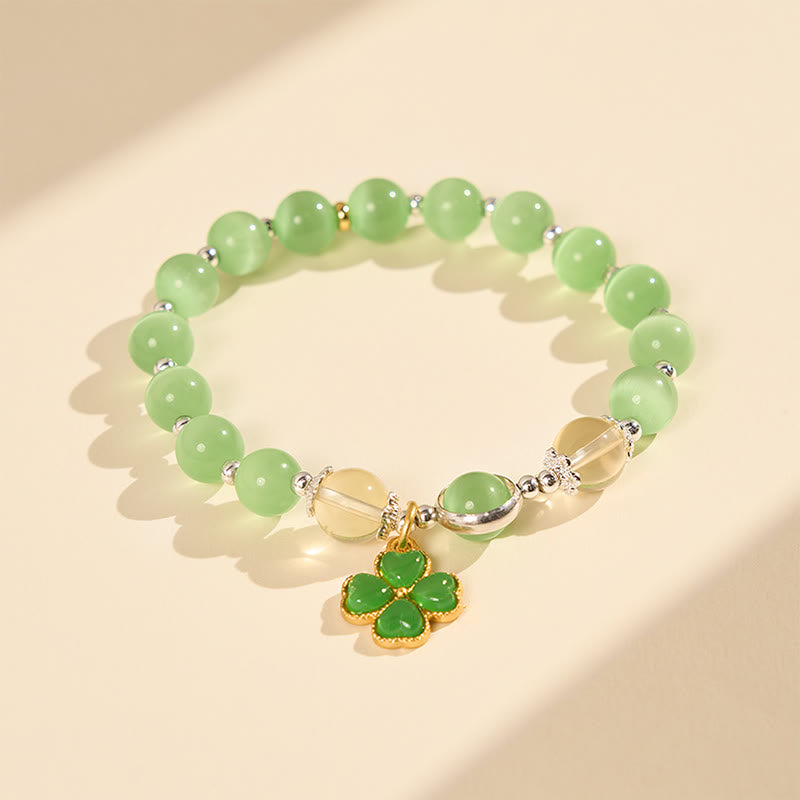 Buddha Stones Pulsera con cuentas de citrino ojo de gato y jade cian con soporte de trébol de cuatro hojas - image 2