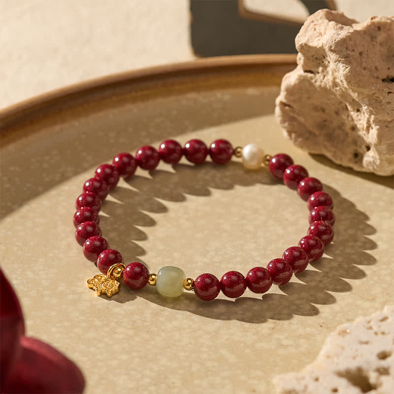 Buddha Stones Pulsera protectora con dije de cabra de jade y perla cinabrio - image 3