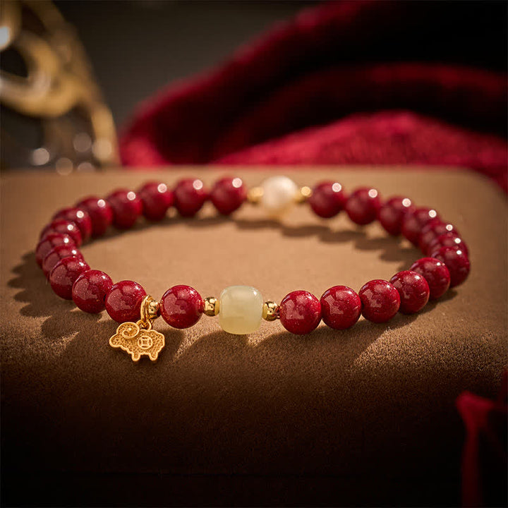 Buddha Stones Pulsera protectora con dije de cabra de jade y perla cinabrio - Cinabrio (Calma ♥ Concentración) - image 0