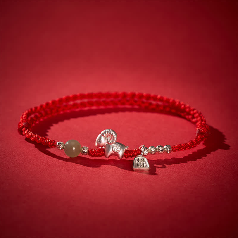 Buddha Stones Pulsera de plata de ley 999 con hilo rojo para la suerte del Año de la Cabra - Cabra - image 0