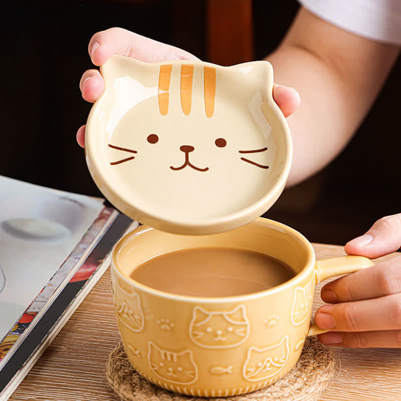 Buddha Stones Taza de desayuno/café con tapa, de cerámica estilo japonés, con cara de gato panda, alpaca, shiba inu y diseño de cara de gato panda/alpaca. - image 1