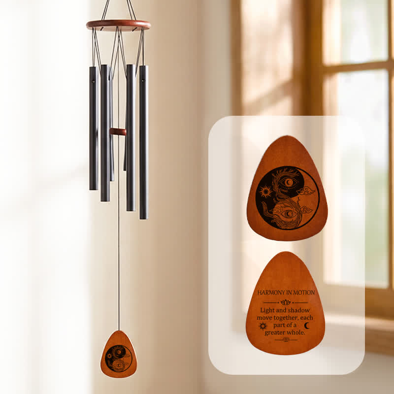 Buddha Stones Campana de viento Yin Yang con forma de ojo turco, seis tubos, aluminio y madera - Ojo maligno Yin Yang - image 0
