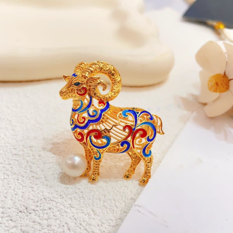 Buddha Stones Broche de cobre con perlas esmaltadas y forma de cabra, símbolo de buena suerte. - image 1