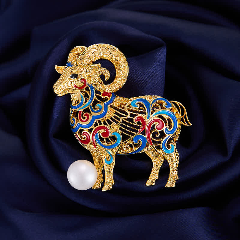 Buddha Stones Broche de cobre con perlas esmaltadas y forma de cabra, símbolo de buena suerte. - Cabra - image 0