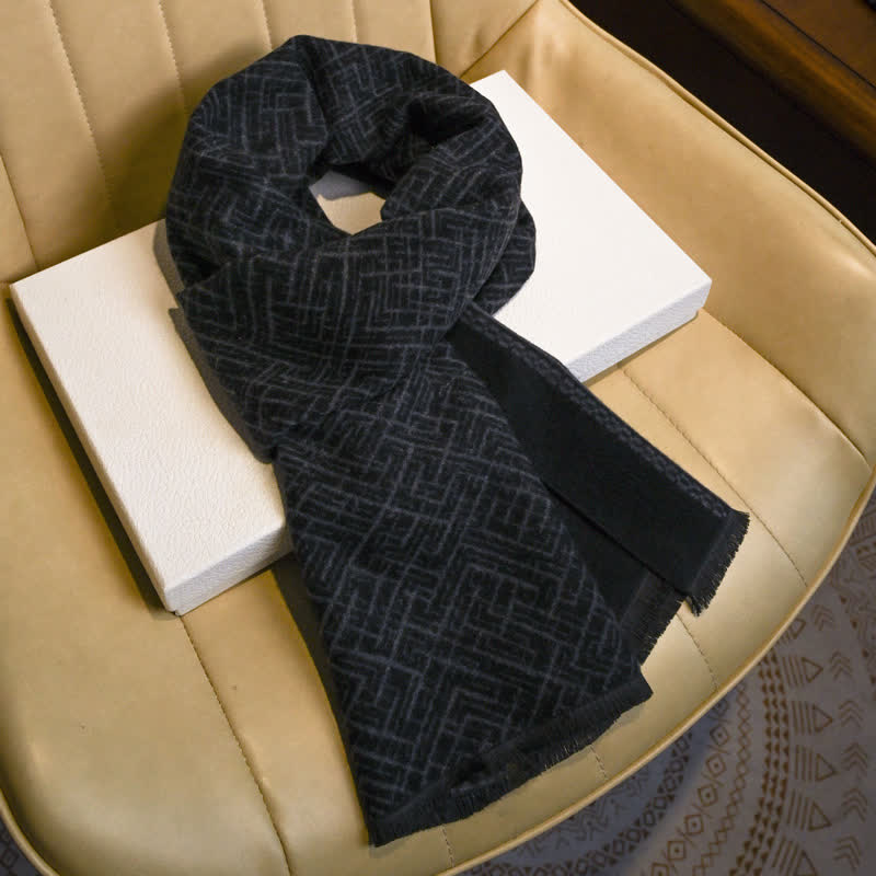 Buddha Stones Bufanda acogedora para hombre con borlas, estampado geométrico de mapa lineal, ideal para otoño e invierno. - Negro - image 1