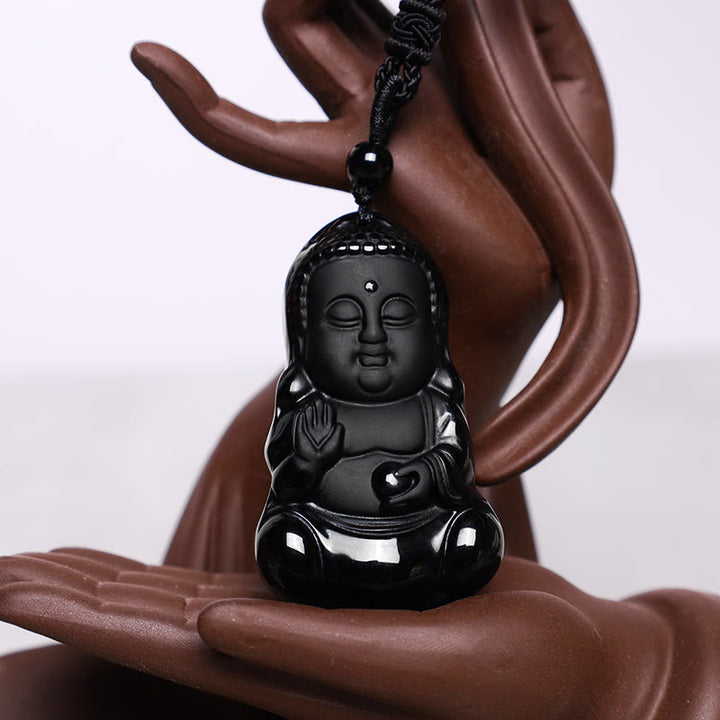 Buddha Stones de cristal de obsidiana negra natural, amuleto de protección de fuerza de Buda, collar con colgante de amuleto de la suerte - image 3