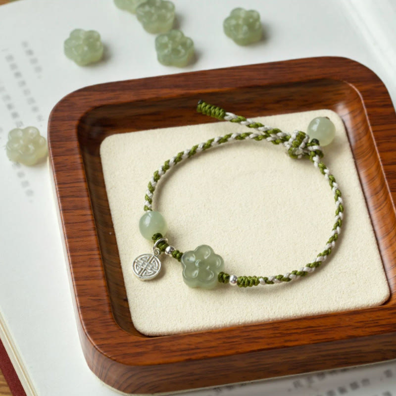 Pulsera trenzada hecha a mano con Buddha Stones , flor de ciruelo, flor de Jade, suerte y prosperidad