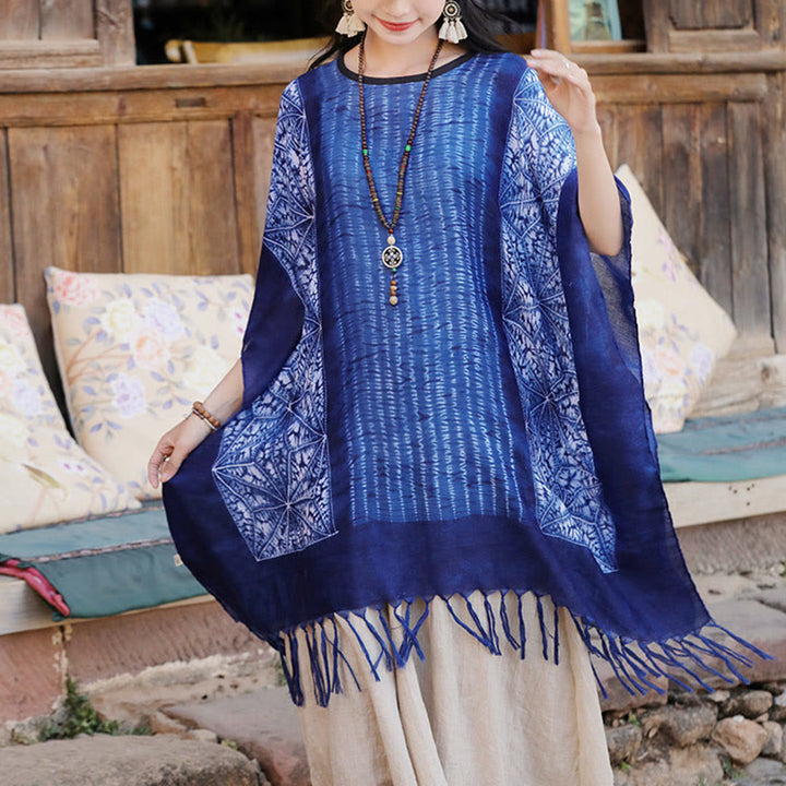 Jersey de viaje acogedor con borlas y chal Batik de rayas geométricas azules con Buddha Stones 90*95cm