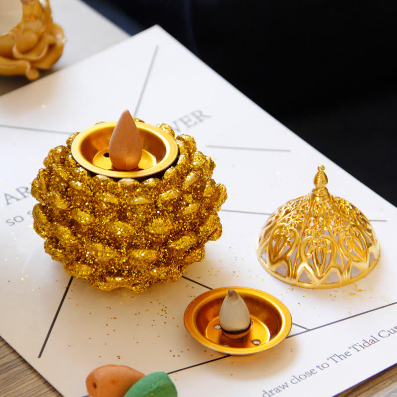 Mini quemador de incienso con diseño de cono de pino dorado, decoración de mesa para el hogar, rituales espirituales