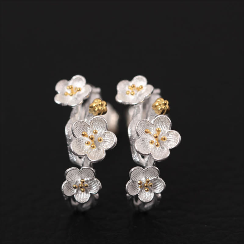 Pendientes de bendición floral de flor de ciruelo de plata de ley 925 con Buddha Stones - Flor de ciruelo en plata de ley 925 - image 0