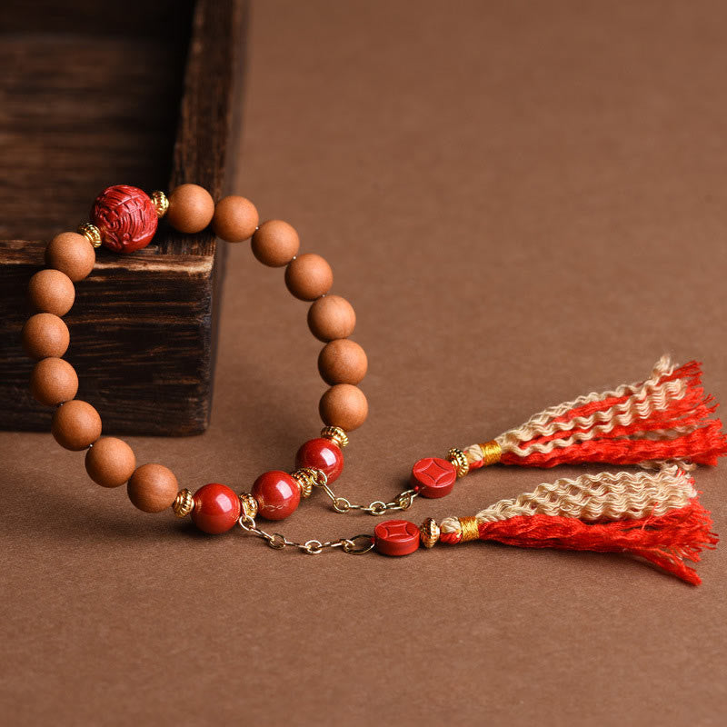 Pulsera de borlas de riqueza PiXiu de cinabrio de madera de melocotón Natural tibetana con Buddha Stones