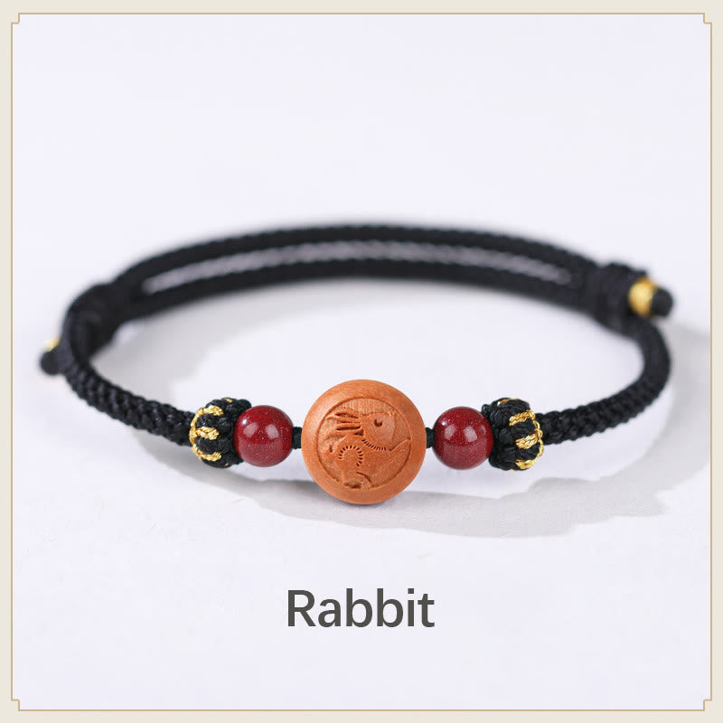 Pulsera de riqueza de cinabrio tallada con carácter del zodíaco chino, madera de melocotón Natural, Buddha Stones - Conejo negro (circunferencia de la muñeca: 14-18 cm) - image 15