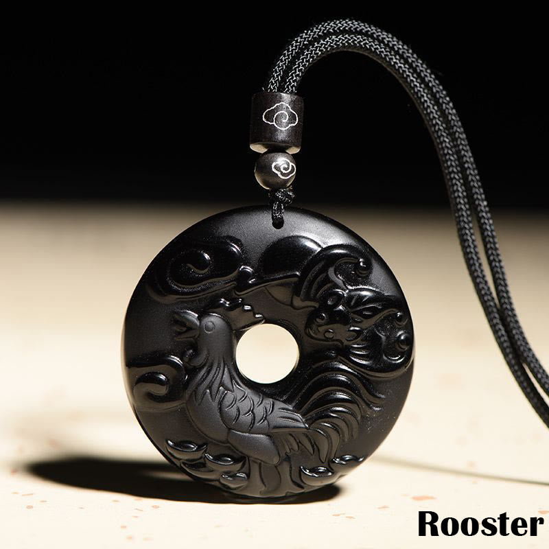 Collar con colgante de fuerza con hebilla de paz, obsidiana negra Natural del zodíaco chino , Buddha Stones - Gallo - image 21