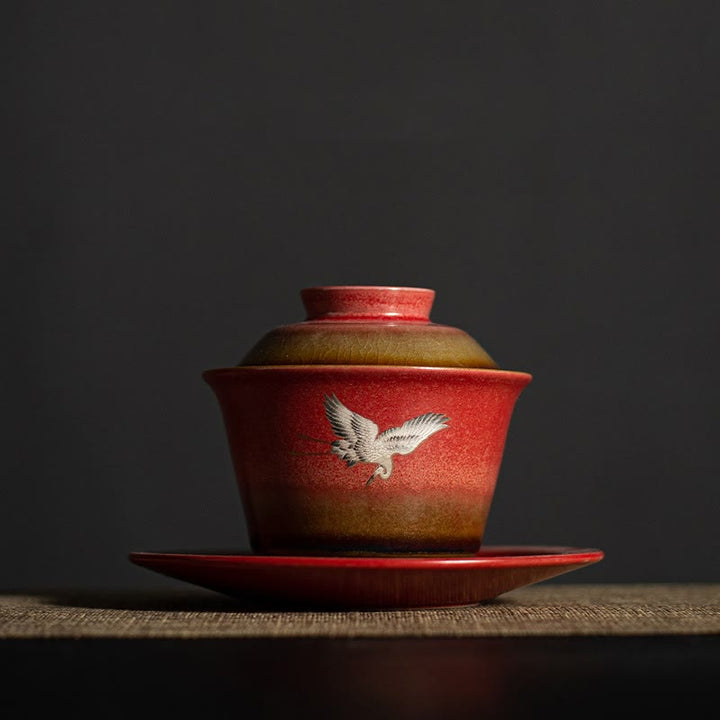 Taza de té y platillo con tapa, Gaiwan Sancai de cerámica con grulla roja, Buddha Stones, Kung Fu