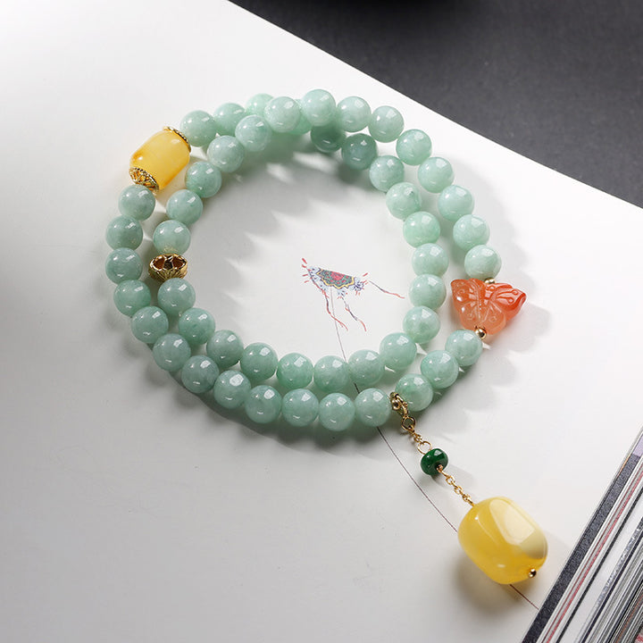 Pulsera de plata de ley 925 con Buddha Stones, jade natural, ámbar, mariposa, suerte y abundancia